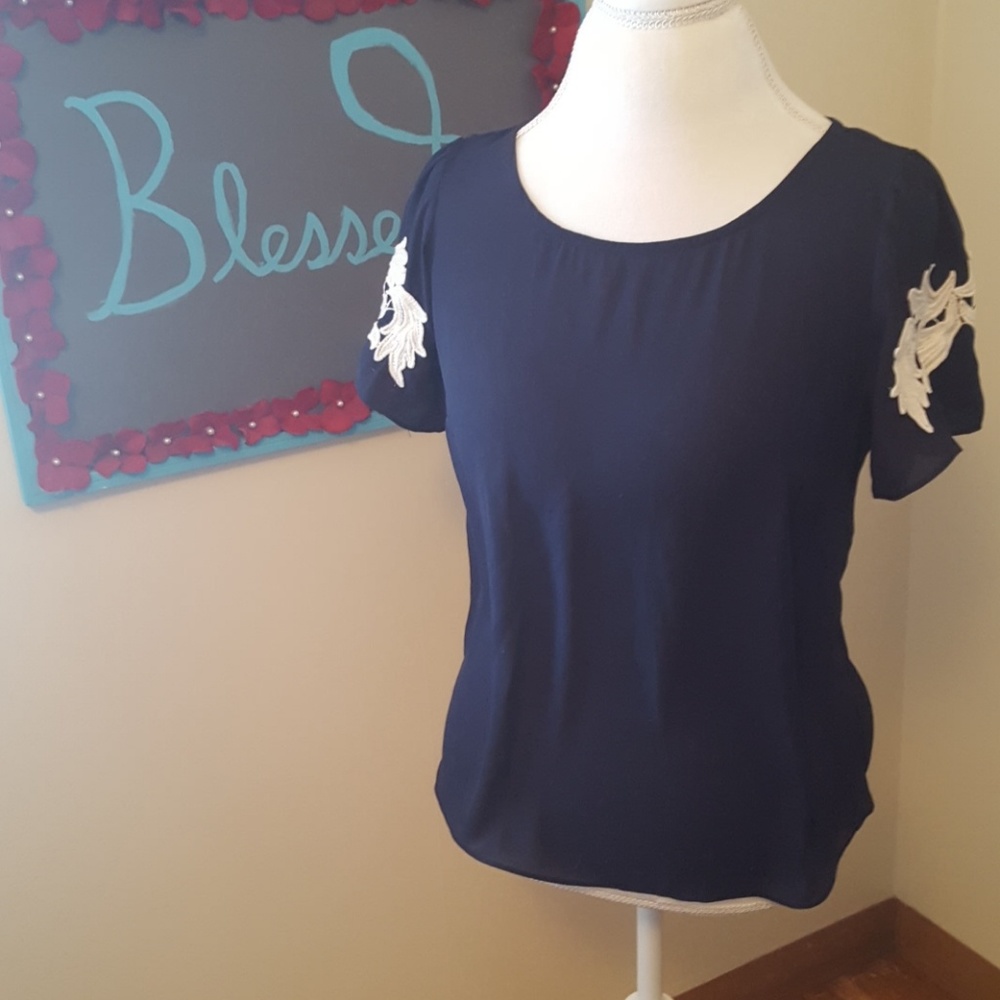 Flutter sleeve navy embroidered applique top